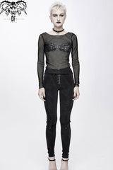 Black Round Collar Chest Skull Palm Long Sleeve Women's Punk Mesh Shirt - Product - 3