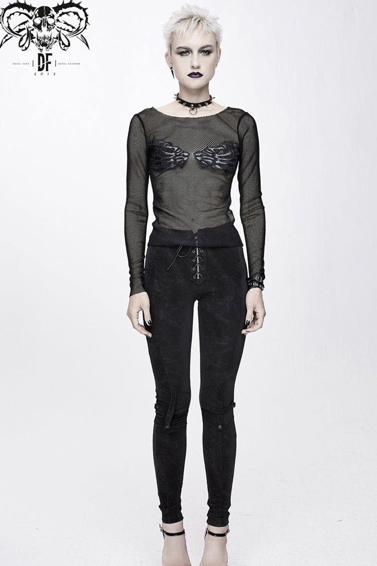 Black Round Collar Chest Skull Palm Long Sleeve Women's Punk Mesh Shirt - Product - 3