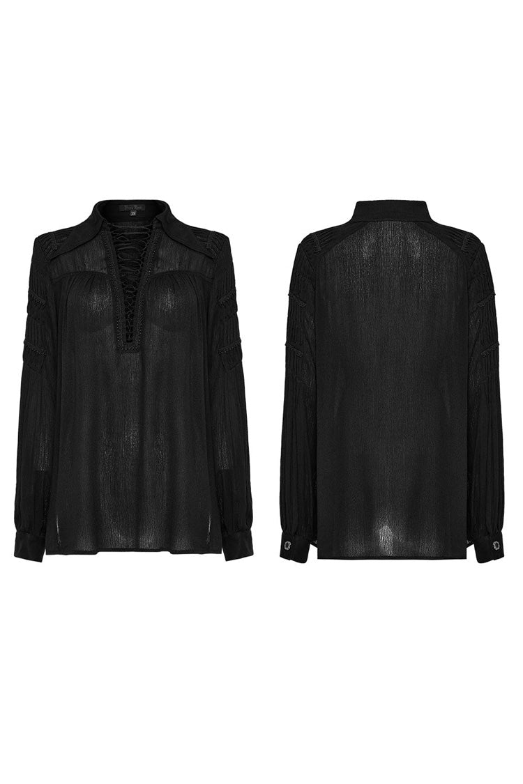Women's Turn-down Collar Long Sleeves Lace Ruched Gothic Blouse 2 Colors - Product - 15