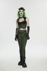 Black/Green Slim Women's Armor-Accentuated Paneled Punk Leggings - Product - 11