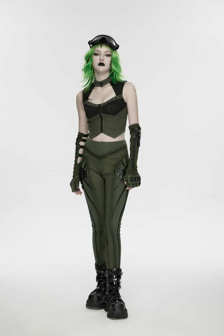 Black/Green Slim Women's Armor-Accentuated Paneled Punk Leggings - Product - 11