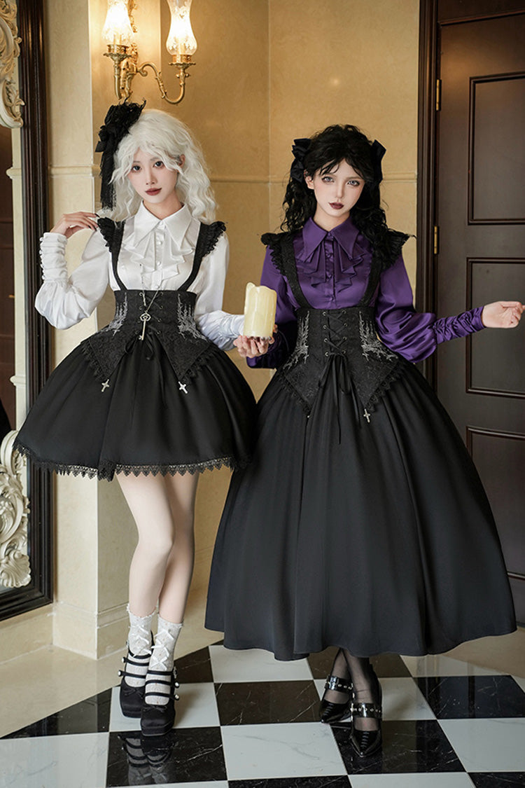 Black [Night of Thorns] Sleeveless Embroidery Lace-Up Gothic Lolita Strap Breast Support Dress 2 Versions - Black - 1