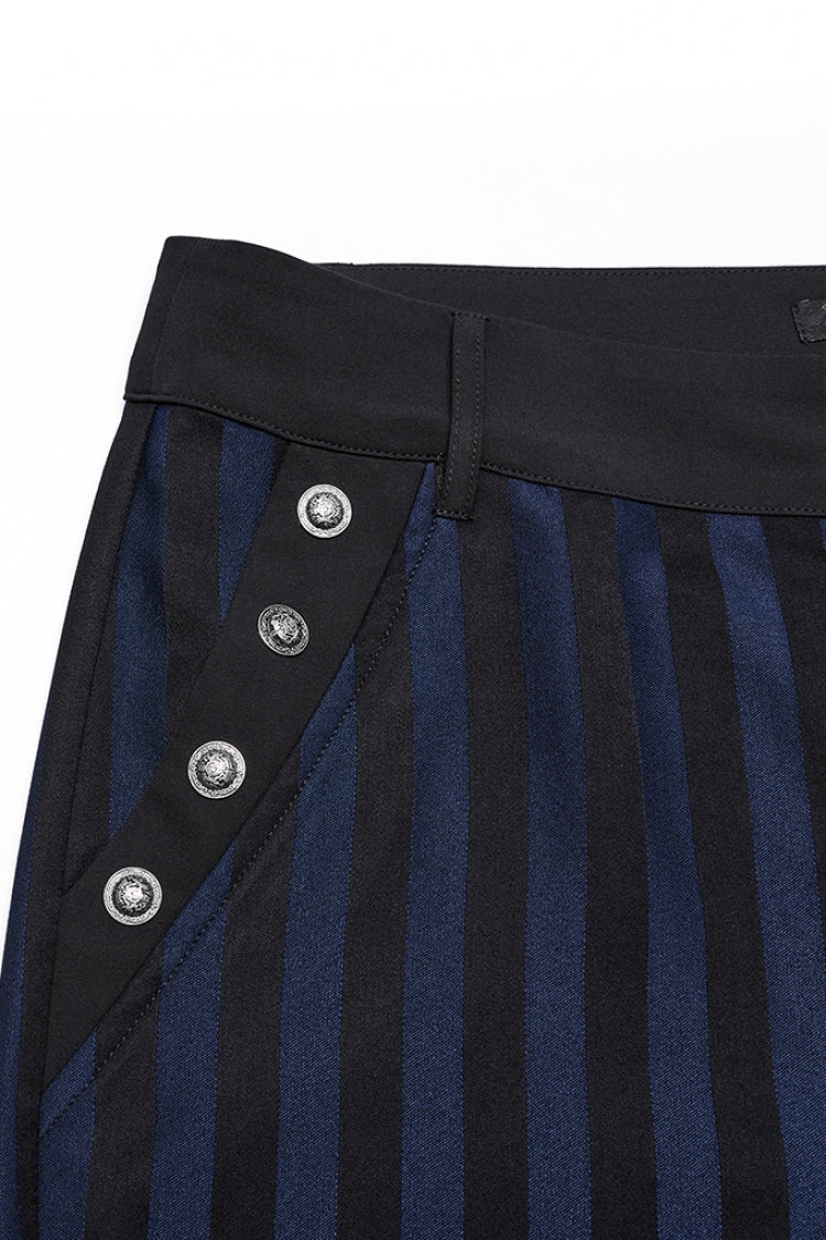 Black/Blue High Waisted Striped Print Men's Gothic Suit Pants - Product - 6