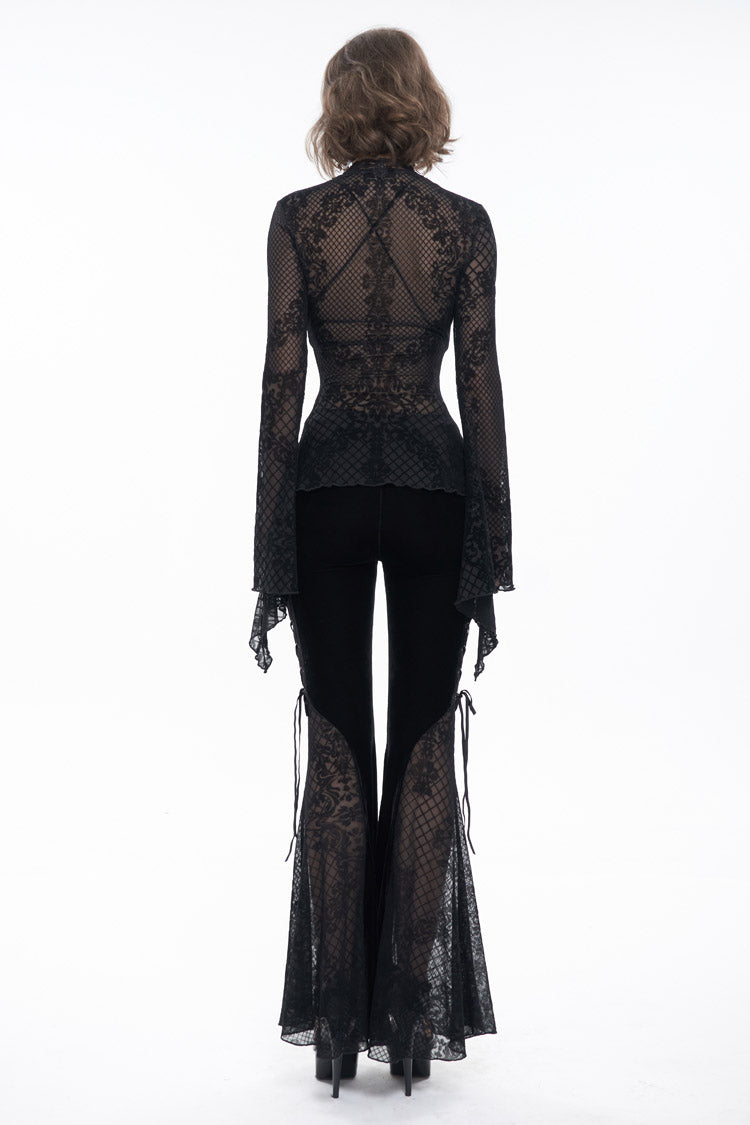 Black Velvet Mesh Splicing Metal Buttons Flared Sleeve Lace Women's Gothic T-Shirt - Product - 8