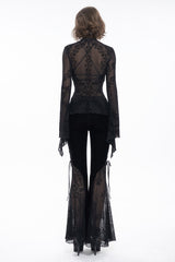Black Velvet Mesh Splicing Metal Buttons Flared Sleeve Lace Women's Gothic T-Shirt - Product - 8