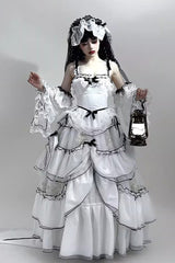 White [Cascade Poem] Sleeveless Multi-Layered Ruffle Hanayome Bowknot Lace Gothic Plus Size Gorgeous Lolita Jsk Long Dress - Product - 2
