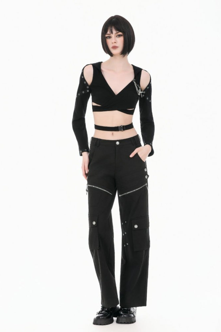 Black Women's Punk Big Pocket Cross Zippered Eyelet Cargo Pants - Black - 1