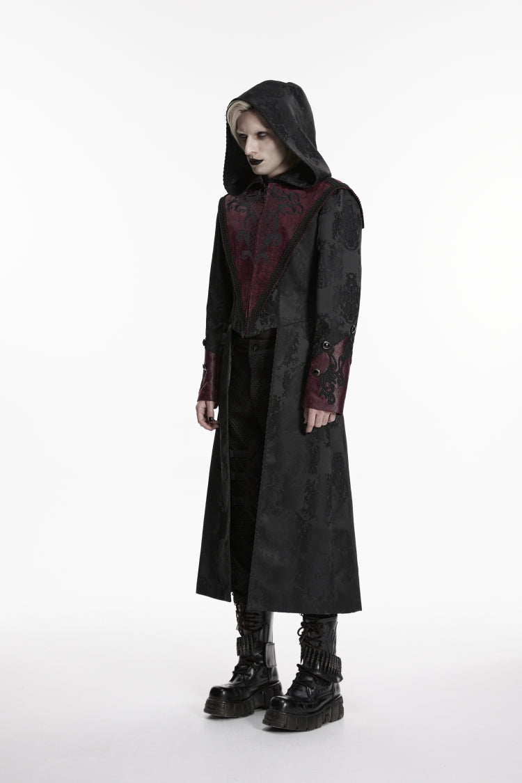 Black/Red Long Sleeves Jacquard Embroidered Spliced Lace Hooded Color-Blocked Men's Punk Cool Coat - Product - 3