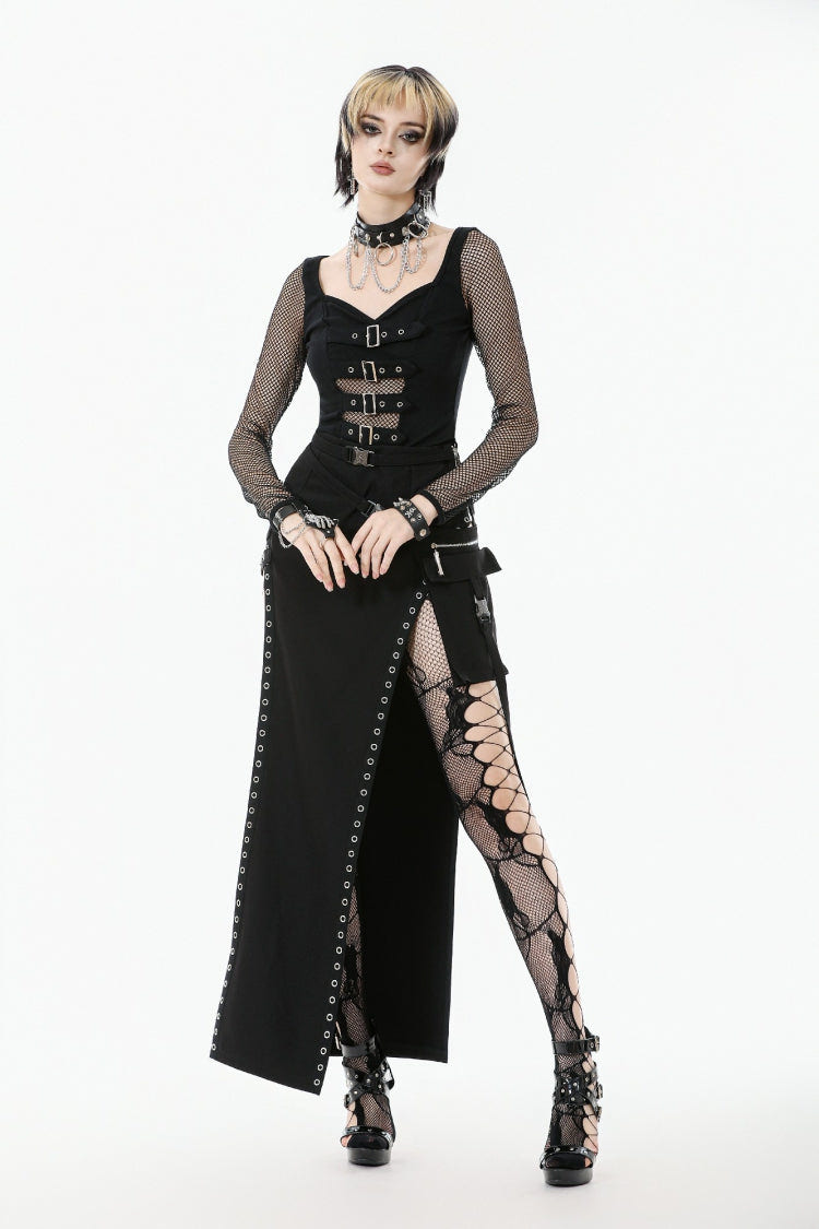 Black Strap Buckled Women's Punk Eyelet High-Slit Midi Skirt with Detachable Pocket - Product - 6