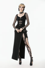 Black Strap Buckled Women's Punk Eyelet High-Slit Midi Skirt with Detachable Pocket - Product - 6