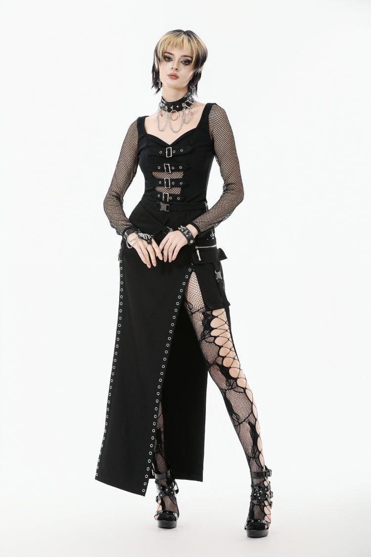 Black Strap Buckled Women's Punk Eyelet High-Slit Midi Skirt with Detachable Pocket - Product - 6