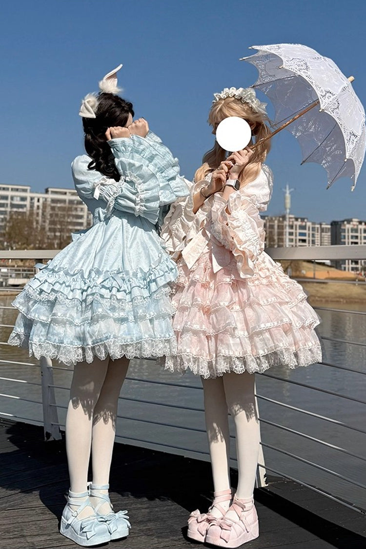 Pink [The Soloist Doll] Long Hime Sleeves Multi-Layered Print Ruffle Bowknot Asymmetric Sweet Lolita Dress - Product - 7