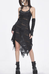 Black Sleeveless Lace Irregular Womens Gothic Strap Dress - Black - 1