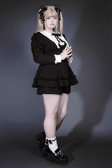 Black/White Long Sleeves Ruffle Bowknot Jirai Kei Japanese Witch Set - Product - 12