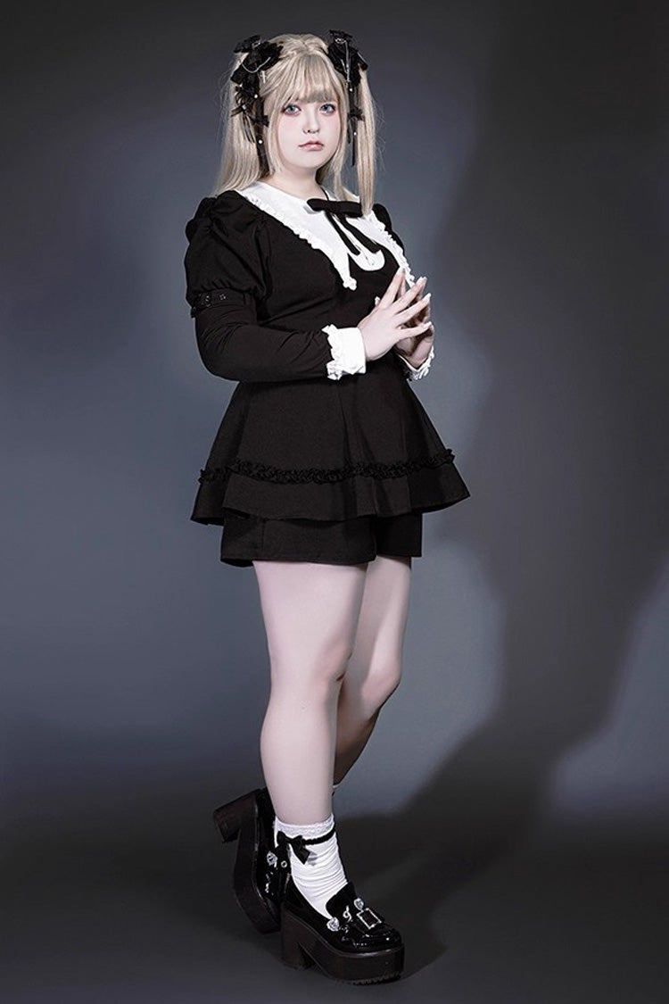 Black/White Long Sleeves Ruffle Bowknot Jirai Kei Japanese Witch Set - Product - 12