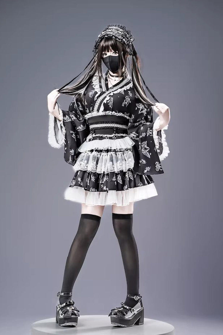 Jirai Kei Long Sleeves Printed Ruffled Lace Studded Gothic Japanese Top and Skirt Set 3 Colors - Product - 4