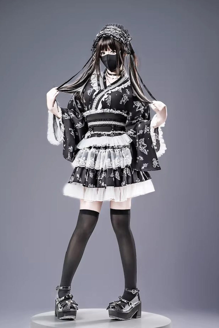 Jirai Kei Long Sleeves Printed Ruffled Lace Studded Gothic Japanese Top and Skirt Set 3 Colors - Product - 4