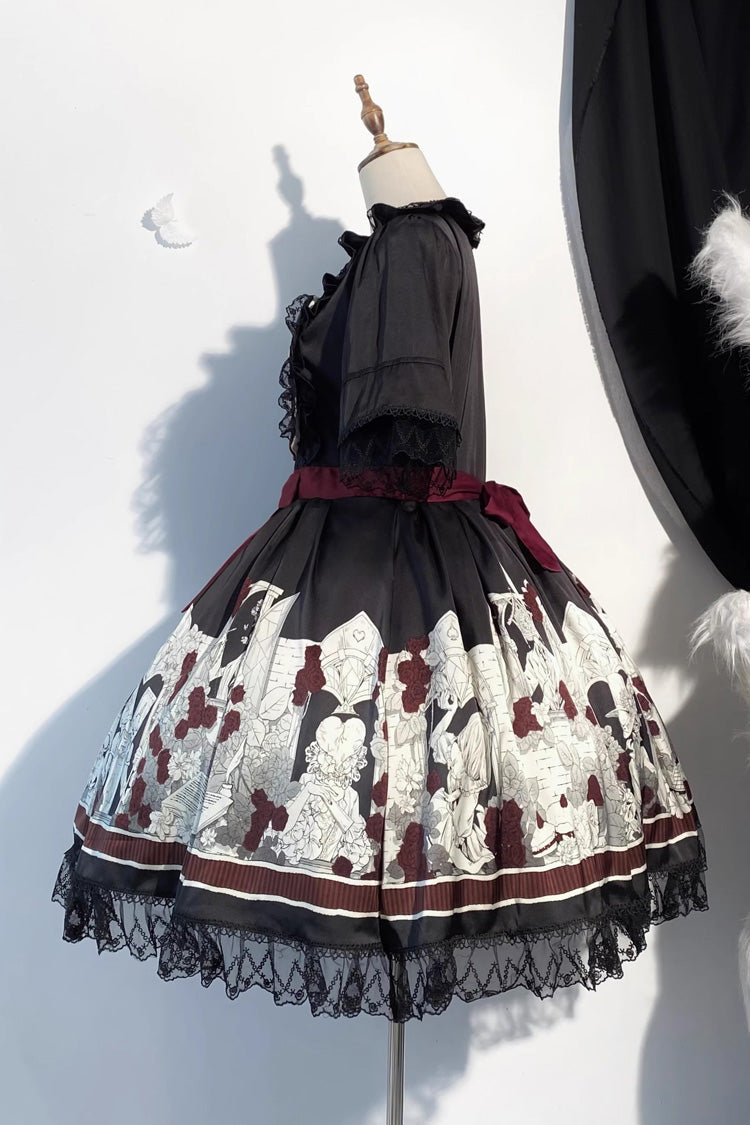 Black [Alice of the Asylum] Print Bowknot Lace Gothic Lolita Dress 2 Versions - Product - 14