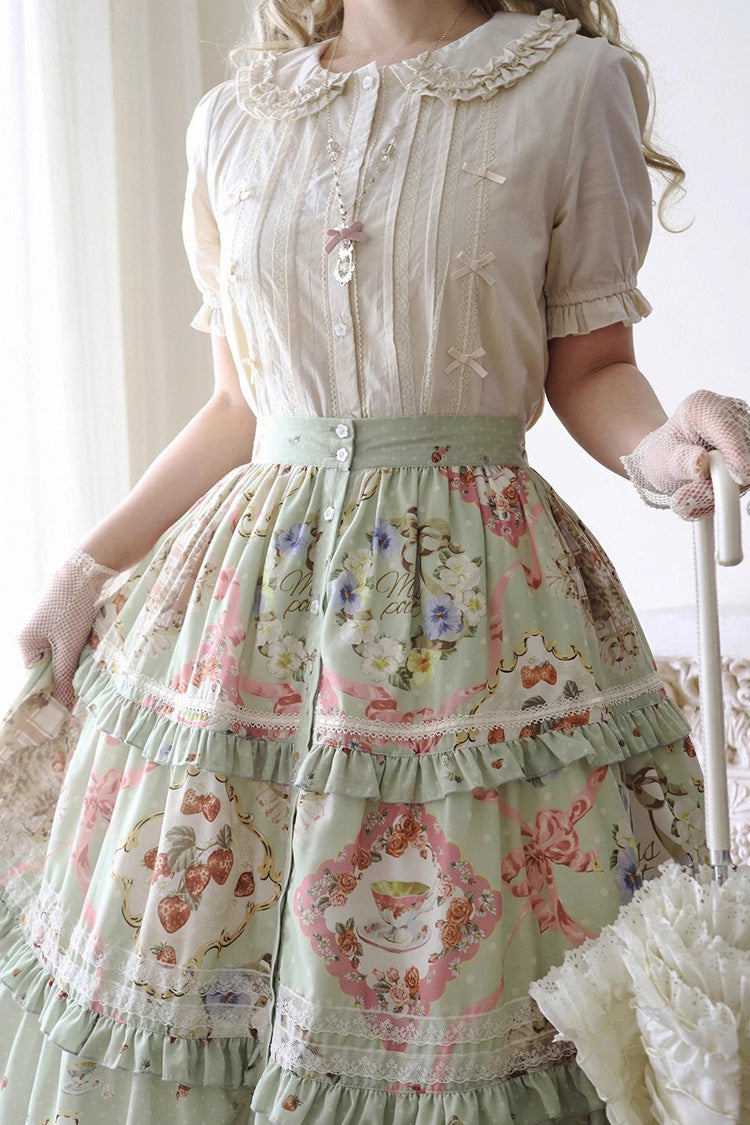 Green [Cat Rose Tea] Print Ruffle Daily Sweet Lolita Skirt - Product - 4