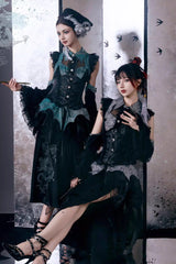 [Sky Dragon] Round Collar Printed Embroidered Lace-Up Gothic Chinese Style Lolita Skirt Set 2 Colors - Product - 7