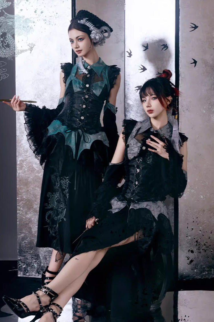 [Sky Dragon] Round Collar Printed Embroidered Lace-Up Gothic Chinese Style Lolita Skirt Set 2 Colors - Product - 7