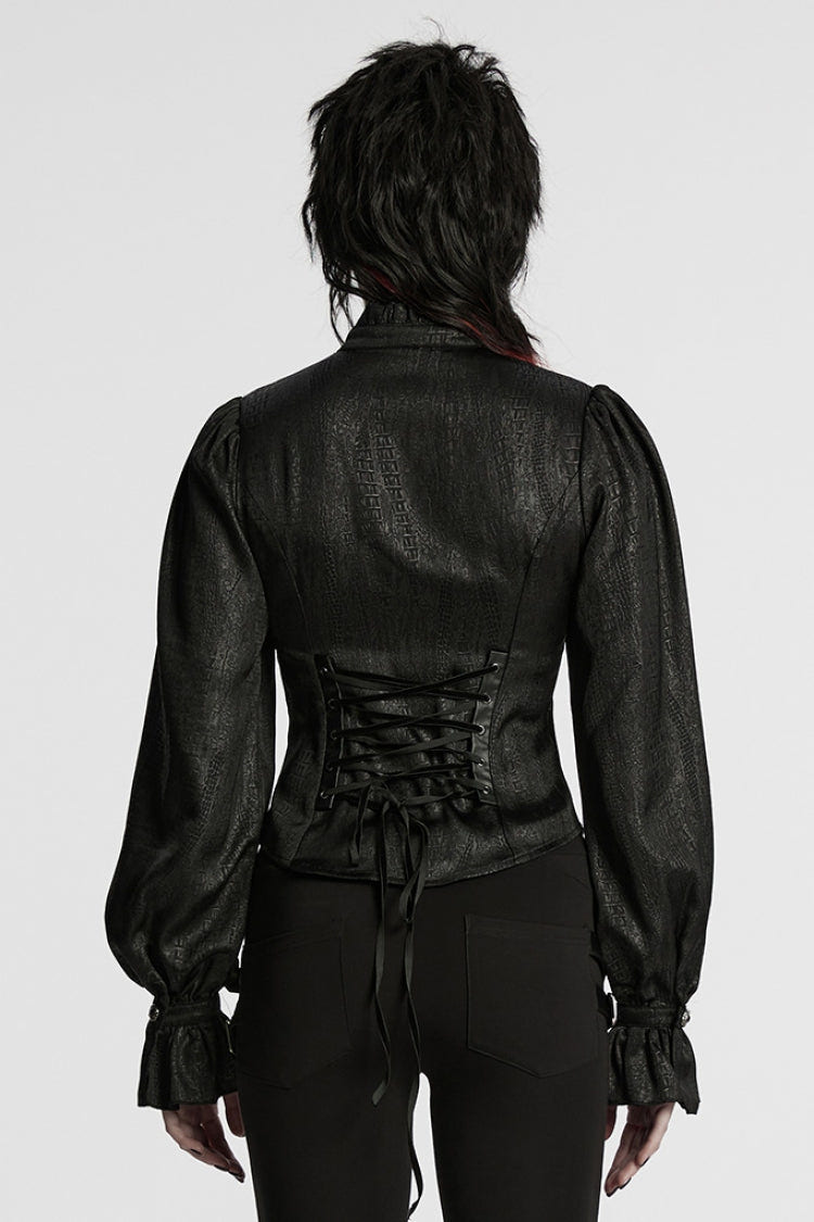 Black Stand Collar Long Puff Sleeves Faux Leather Stitching Women's Gothic Blouse - Product - 3