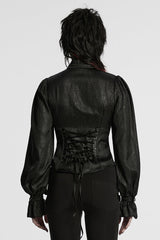 Black Stand Collar Long Puff Sleeves Faux Leather Stitching Women's Gothic Blouse - Product - 3