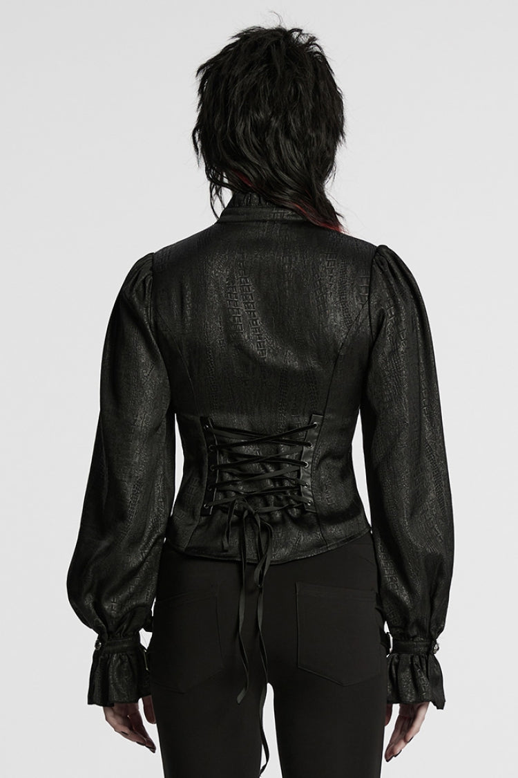 Black Stand Collar Long Puff Sleeves Faux Leather Stitching Women's Gothic Blouse - Product - 3