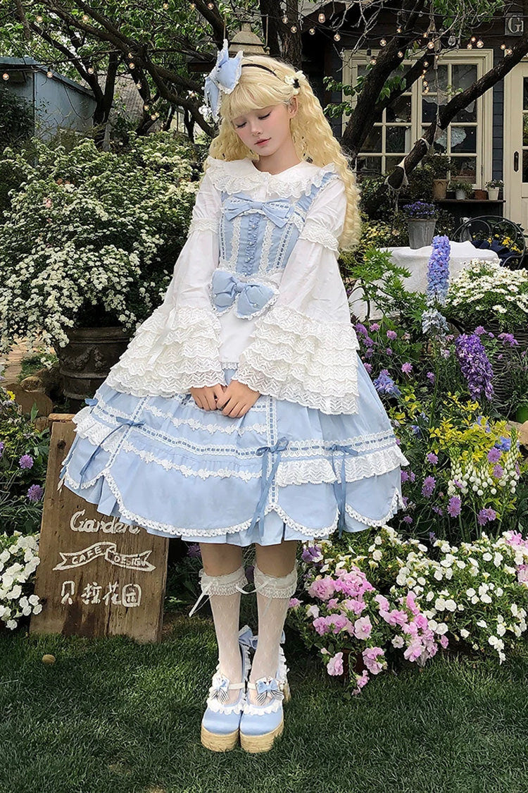 Blue [Petal Bunny] Cotton Sleeveless Ruffled Bow Lace Sweet Elegant Lolita Jsk Dress - Product - 10
