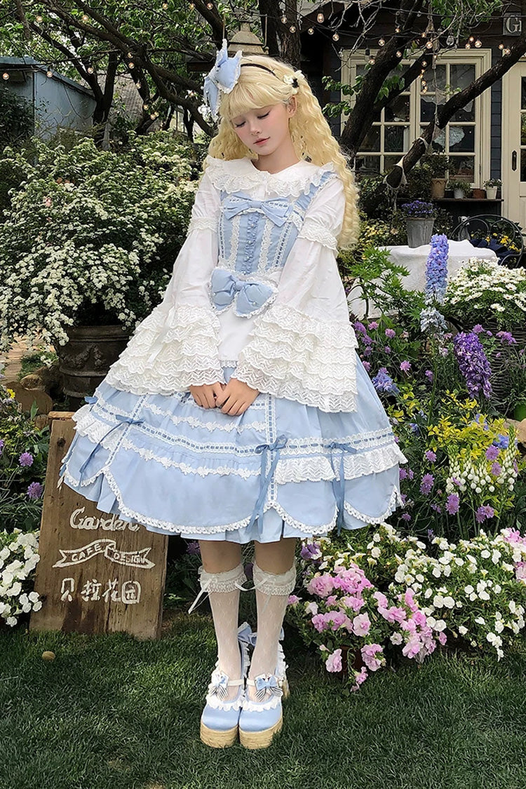 Blue [Petal Bunny] Cotton Sleeveless Ruffled Bow Lace Sweet Elegant Lolita Jsk Dress - Product - 10