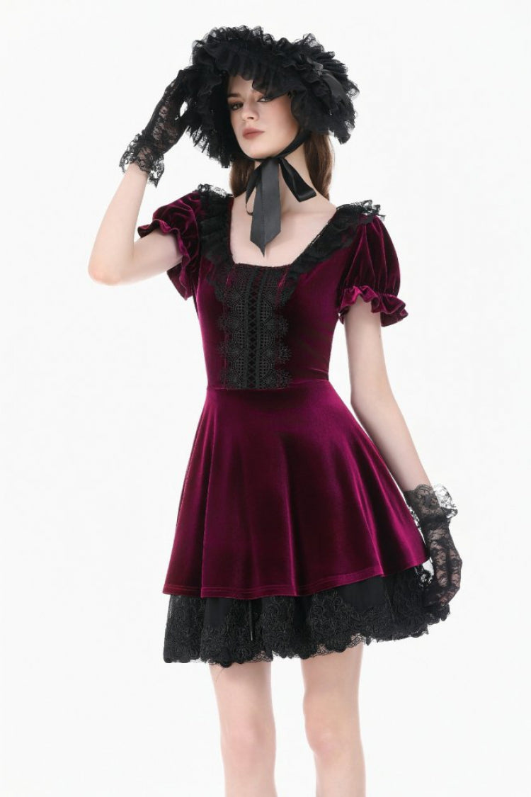 Wine Red Square Collar Short Puff Sleeves Velvet Patchwork Lace Lace-Up Women's Gothic Dress - Wine-Red - 1
