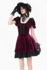 Wine Red Square Collar Short Puff Sleeves Velvet Patchwork Lace Lace-Up Women's Gothic Dress - Wine-Red - 1