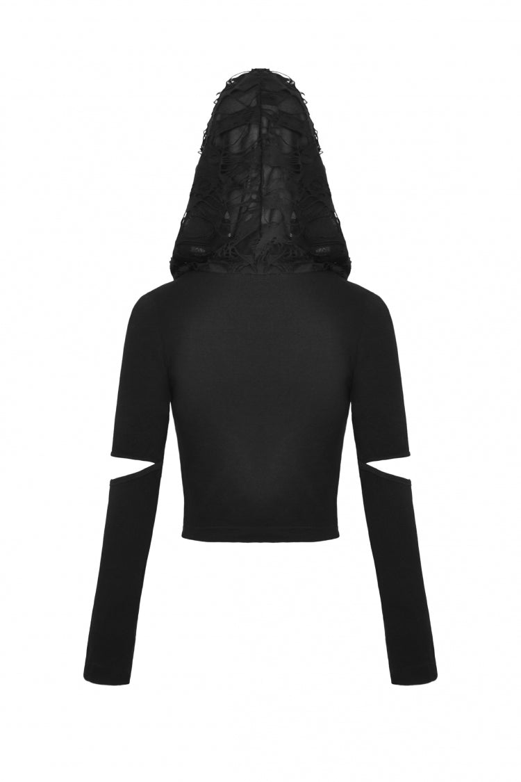 Black Metal Cross Eyelet Long Sleeves Cut-Out Women's Punk Crop Top with Ripped Hood - Product - 11
