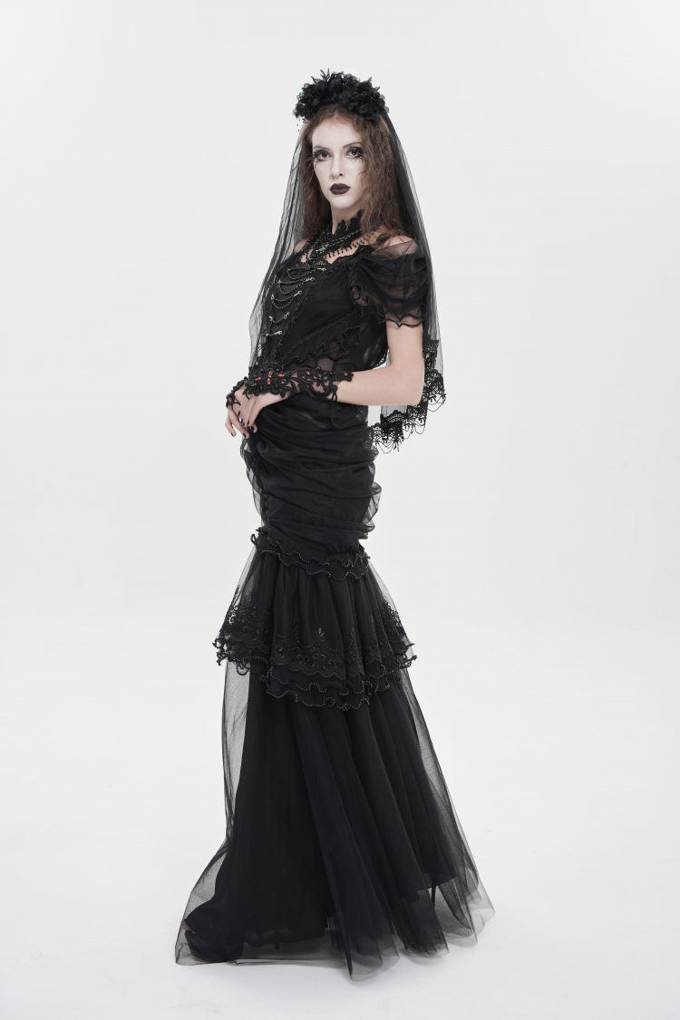 Black Off Shoulder Ruffled Cut-Out Lace Pleated Women's Gothic Dress - Product - 4