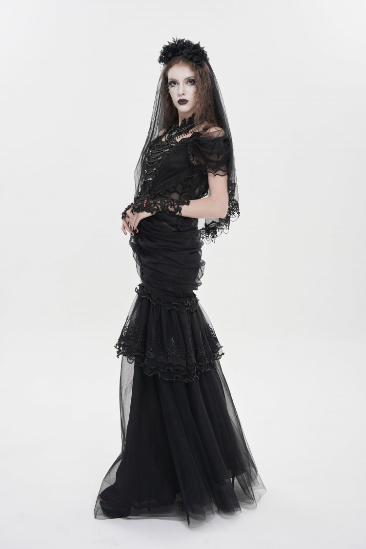 Black Off Shoulder Ruffled Cut-Out Lace Pleated Women's Gothic Dress - Product - 4