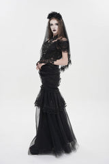Black Off Shoulder Ruffled Cut-Out Lace Pleated Women's Gothic Dress - Product - 4