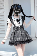 Black Plaid Print Ruffle Bowknot Lace Jirai Kei Japanese Skirt - Black - 1