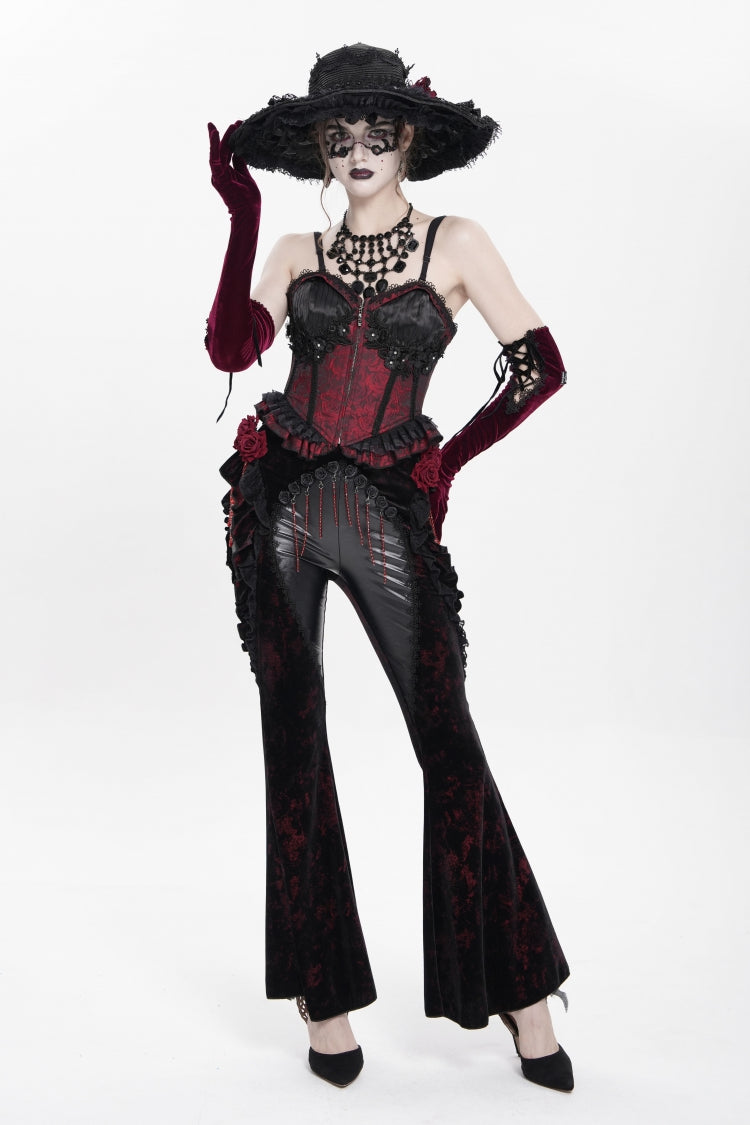 Black/Red  Ruffled Spliced Women's Gothic Floral Faux Leather&Velvet Ruffle Pants - Product - 2