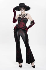 Black/Red  Ruffled Spliced Women's Gothic Floral Faux Leather&Velvet Ruffle Pants - Product - 2