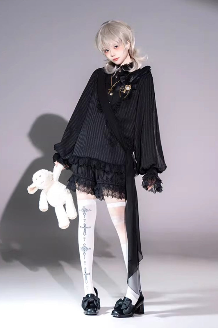 Black Stand Collar Long Short Sleeves Printed Ruffled Lace Gothic Ouji Lolita Set 2 Versions - Product - 11