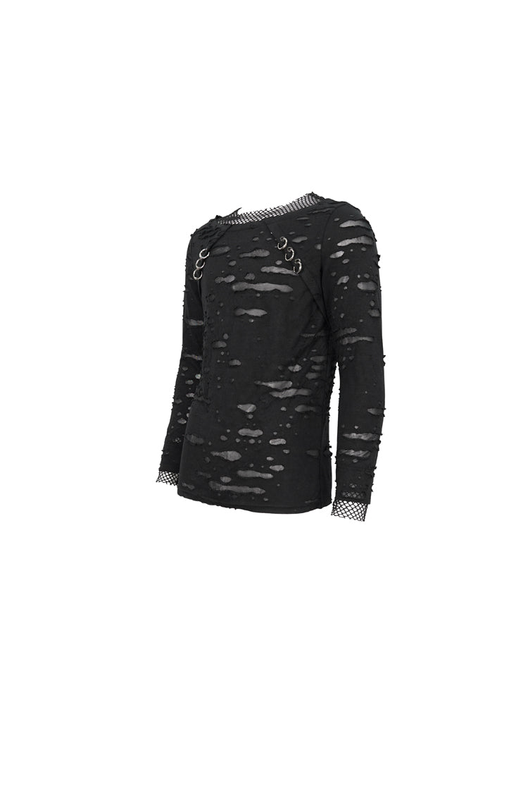 Black Diamond Mesh Irregular Hole Long-Sleeved Men's Punk T-Shirt - Product - 8