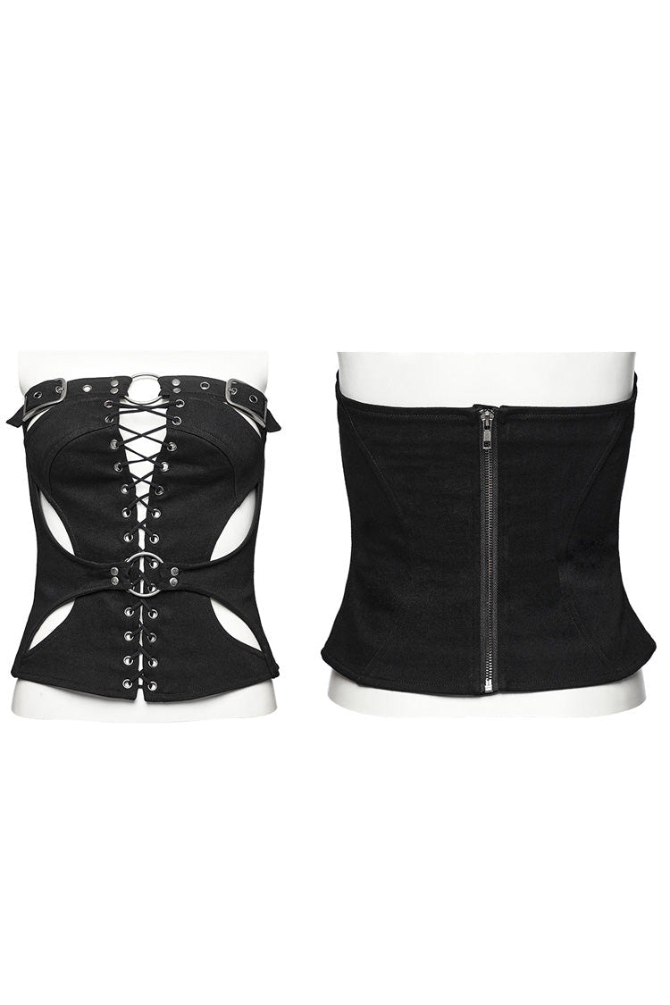 Black Hollow Lace-Up Ripped Buckle Women's Punk Tube Top - Product - 5