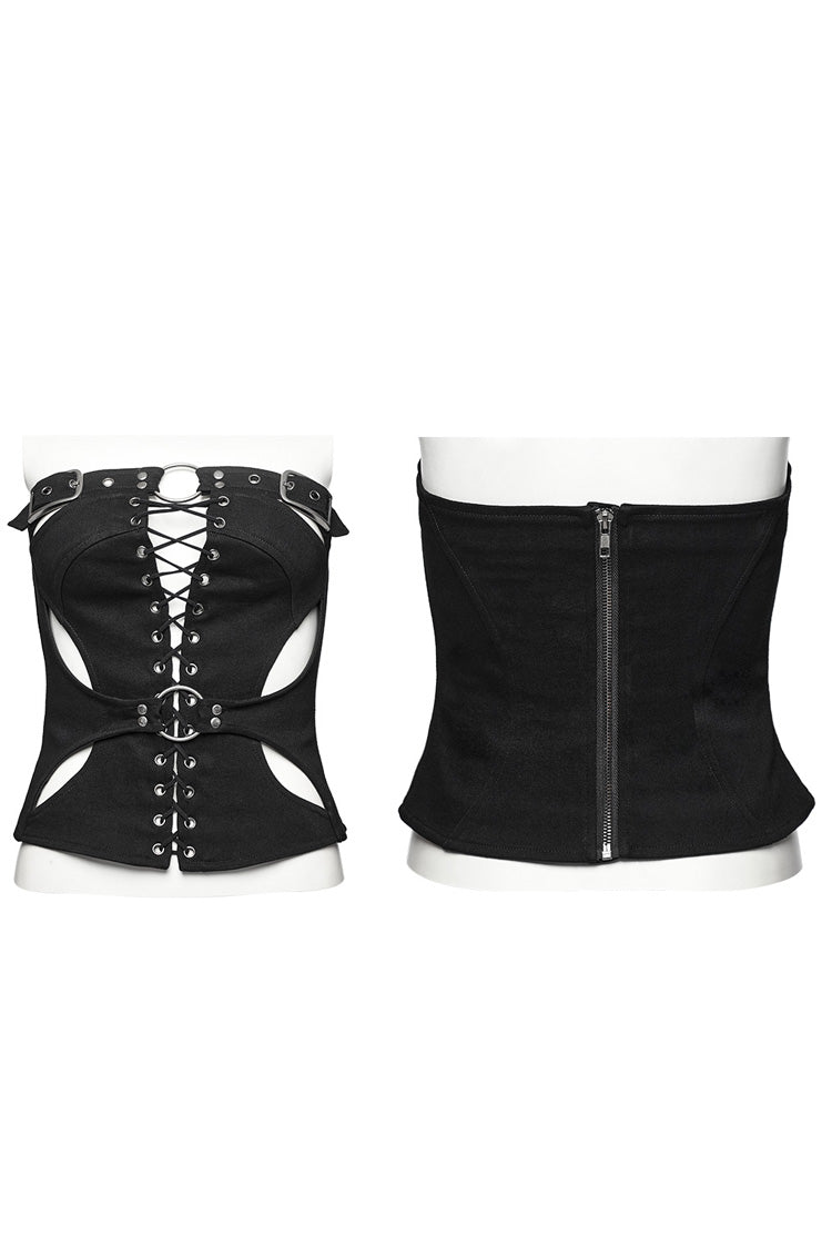 Black Hollow Lace-Up Ripped Buckle Women's Punk Tube Top - Product - 5