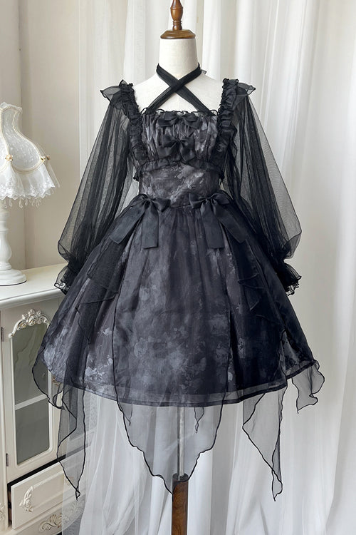 Black Ruffled Strap Mesh Lantern Sleeves High Waisted Irregular Hem Gothic Lolita OP Dress - Product - 8