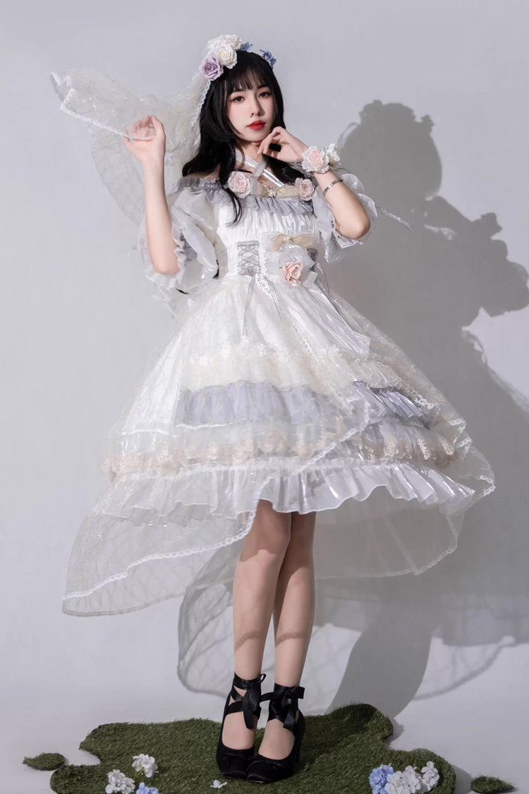Grey/Blue [Spring of Boliya] Long Sleeves Multi-Layered Ruffle Bowknot Lace Lace-Up Sweet Princess Lolita Dress - Grey/Blue - 1