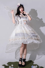 Grey/Blue [Spring of Boliya] Long Sleeves Multi-Layered Ruffle Bowknot Lace Lace-Up Sweet Princess Lolita Dress - Grey/Blue - 1