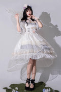 Grey/Blue Spring of Boliya Long Sleeves Multi-Layered Ruffle Bowknot Lace Lace-Up Sweet Princess (Dress Only) front view