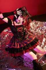 Black/Red Print Ruffle Lace-Up Gothic Japanese Princess Lolita JSK Dress - Product - 5