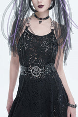 Black Studded Eyelet Women's Gothic Accessory Star Double-layer Faux Leather Belt - Black - 1