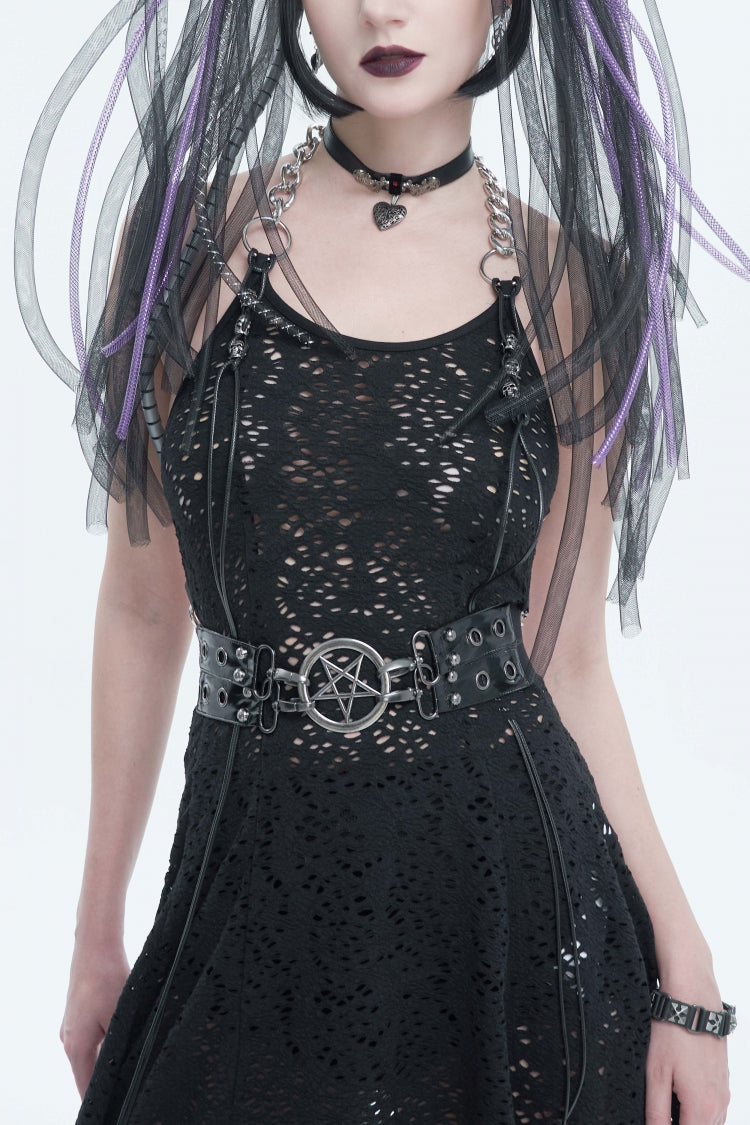 Black Studded Eyelet Women's Gothic Accessory Star Double-layer Faux Leather Belt - Black - 1